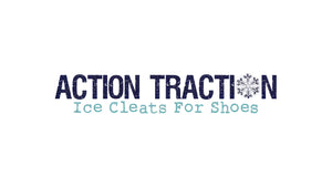 Action Traction Ice Cleats logo, distressed dark blue text with a snowflake, for reliable winter shoe traction.