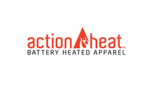 ActionHeat logo, red and black, with a fiery icon, showcasing innovative battery heated apparel.