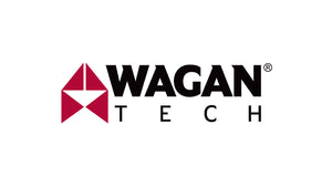 Wagan Tech logo featuring a red geometric symbol and bold black text on a clean white background.