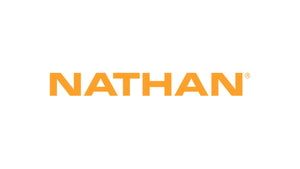 Experience Nathan Hydration. A bold orange Nathan® logo on white signifies quality gear for active pursuits.