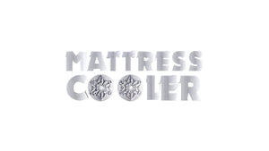 Stylish silver "MATTRESS COOLER" lettering with unique ornate round accents, conveying cool comfort.