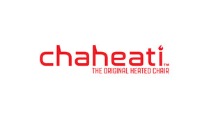 Chaheati brand logo in bold red, announcing 'THE ORIGINAL HEATED CHAIR' for premium warmth and comfort.