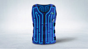 Advanced blue cooling vest with glowing circulation system, offering therapeutic relief for MS.
