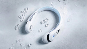 Sleek white neck fans with black accents, surrounded by ice for a refreshing personal cooling experience.