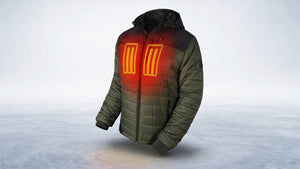 ActionHeat olive green puffer jacket with glowing chest heating elements, designed for ultimate warmth in cold weather.