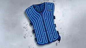 Blue motorcycle cooling vest with glowing fluid channels and ice, ensuring ultimate ride comfort.