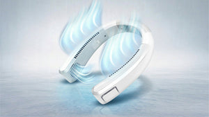 Modern white wearable neck fan with cool blue airflow, representing ultimate portable personal cooling.