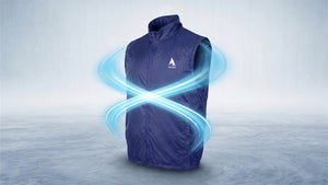 Alphacool navy cooling vest with blue airflow on a frosty background, emphasizing advanced performance apparel.