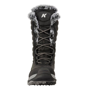 Black women's outdoor boots by Korkers, front view, with a padded shaft, grey lacing, and faux fur trim on a lug sole.