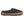 Women's geo-embroidered hoodback slippers by Acorn, with a navy felt upper, brown rand, and white sherpa lining, side view.