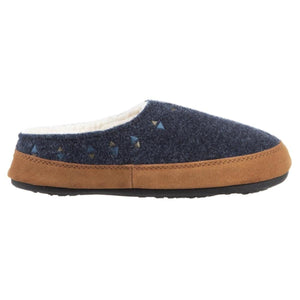 Women's geo-embroidered hoodback slippers by Acorn, with a navy felt upper, brown rand, and white sherpa lining, side view.