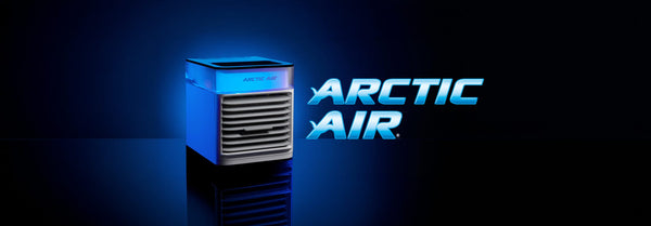 A blue-lit Arctic Air portable cooler on the left, beside a large, glossy 