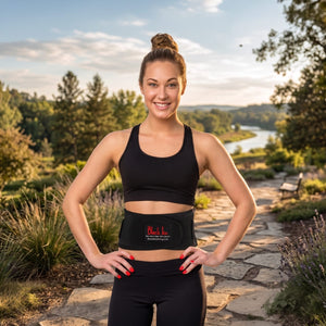 A smiling young woman in a black sports bra and leggings wears a "Black Ice" waist wrap outdoors on a sunny path with trees and a river.