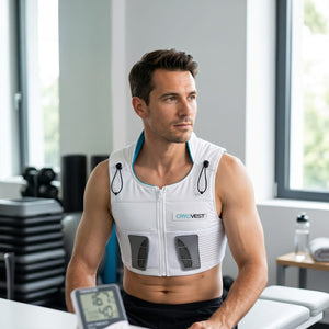 A man in a white 'CRYOVEST' with grey panels sits in a bright gym, looking right. A digital monitor showing '16.7' and '40' is in the foreground.