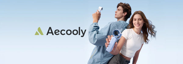 Two smiling young people hold light blue and white portable fans, one showing '100', against a bright blue sky with the green 'Aecooly' logo.
