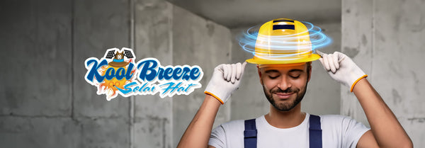 A man in a concrete room adjusts a yellow hard hat with blue glowing rings, while a 