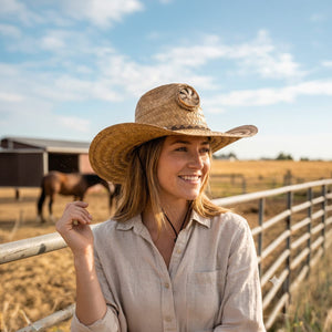 A smiling woman in a straw cowboy hat with a solar-powered fan on top leans against a fence in a rural field with horses and a barn in the background.