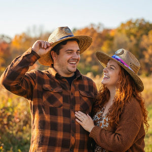 A joyful couple with straw hats smiles at each other in a sunny autumn field. The man wears a plaid shirt, the woman has red hair and a ring.