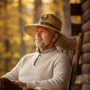 Grey-bearded man in straw hat and cream sweater sits in a rocking chair on a log cabin porch with golden autumn trees.