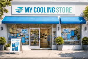 Front of "MY COOLING STORE" with a blue wave logo, blue and green text, blue awnings, and window displays of blue shirts with "BEAT THE HEAT" signs. An A-frame sign reads "STAY COOL!".