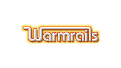 The Warmrails logo features glowing white 3D text with a prominent orange neon-like 'rail' design around the top, on a white background.