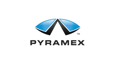 The Pyramex logo features a stylized blue and black abstract symbol resembling two glossy, curved wings, above the black uppercase text 