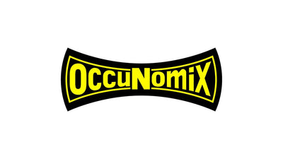 Black banner with a yellow outline in a curved, bow-tie shape, displaying 