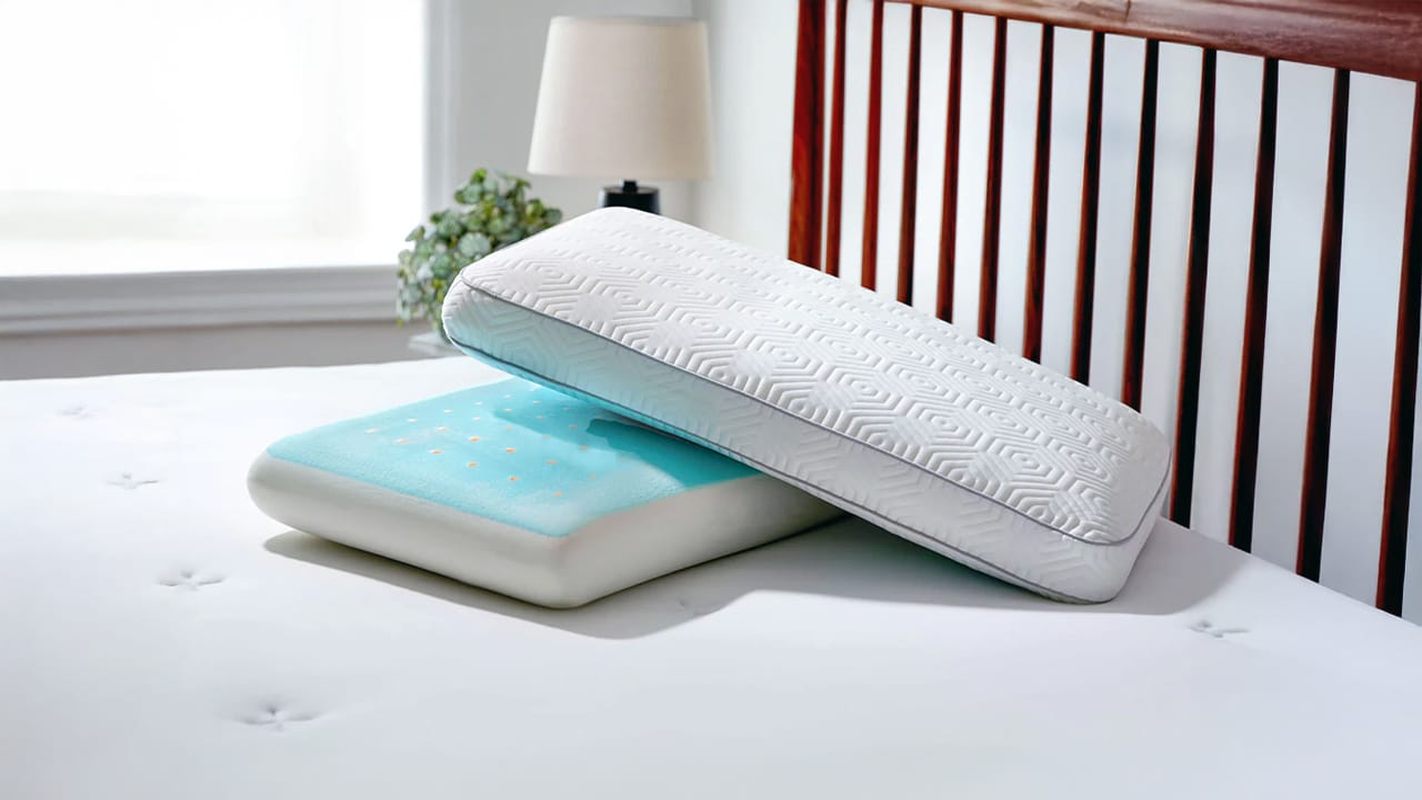 A white hexagonal-patterned pillow rests on a blue gel pillow, both on a white quilted bed, in a bright bedroom with a wooden headboard.