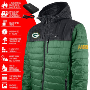 ActionHeat Green Bay Packers 5V Men's Colorblock Puffer Battery Heated Jacket