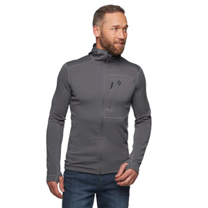 Men's dark grey full-zip hoody by Black Diamond, featuring a zippered chest pocket, thumb loops, and hood.
