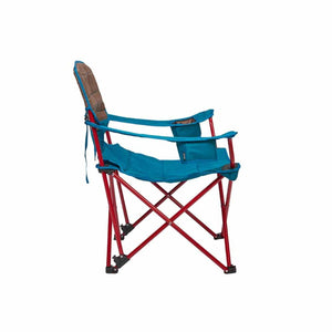 Teal blue and brown padded Deluxe Lounge Chair by Kelty, with a red folding metal frame and armrest pockets, side view.