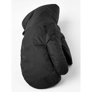 Black 3-finger mitten by Hestra with a padded and quilted design, and embroidered brand name on the cuff.