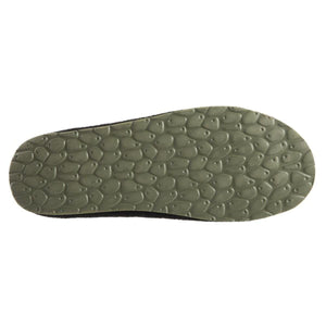 Olive green slipper by Acorn, featuring a textured sole with a pebbled pattern, shown from the bottom.