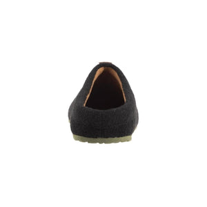 Men's dark gray wool slipper by Acorn with an olive green sole, shown from the back.