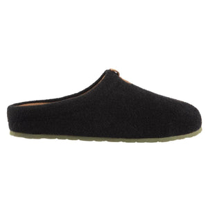 Black wool slippers by Acorn featuring an olive green sole and brown interior trim, shown in a side profile.