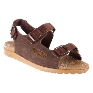 Brown suede sport sandal by Acorn with adjustable brown textile straps, tan sole, and textured footbed.