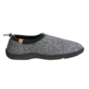 Grey heathered moccasin slippers by Acorn with a black ribbed collar and adjustable drawstring heel.