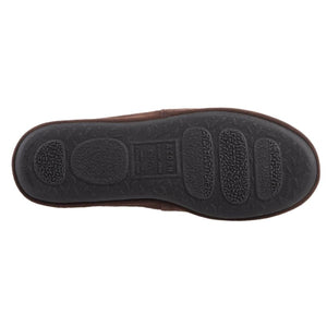 Brown bootie slipper by Acorn, bottom view, showing a black textured rubber sole with visible brand and size details.