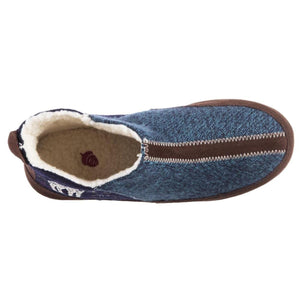 Women's blue tweed bootie slippers by Acorn, with cream fleece lining, brown sole, zigzag stitching, and acorn logo.