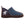 Women's bootie slippers by Acorn with a blue knit upper, dark blue side panel with white moose embroidery, and brown trim.