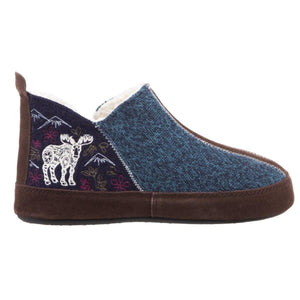 Women's bootie slippers by Acorn with a blue knit upper, dark blue side panel with white moose embroidery, and brown trim.