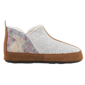 Side view of light grey women's bootie slippers by Acorn, featuring rabbit and floral embroidery, brown suede trim, and a warm fleece lining.