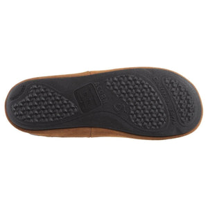 Bottom view of a brown women's hoodback slipper by Acorn, showing a black textured rubber sole with brand details and sizing.