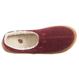 Maroon hoodback slippers by Acorn, featuring geometric embroidery, a cream sherpa lining, and a brown sole.