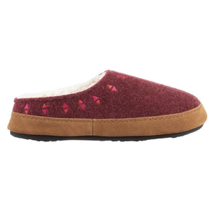 Women's maroon geo embroidered hoodback slippers by Acorn with fuchsia and orange triangles, tan trim, and a plush white lining, side view.