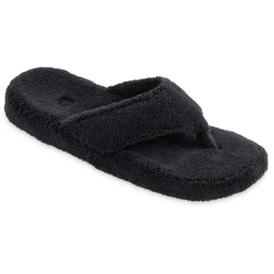Black terry cloth Spa Thong Slipper by Acorn, with a soft, fluffy texture, viewed from an angle.