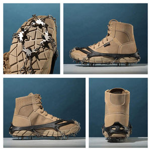 Black ice cleats with silver metal spikes by Action Traction, shown attached to a tan tactical boot from multiple angles.