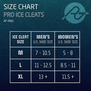 Pro Ice Cleats by Action Traction size chart showing Men's and Women's U.S. shoe size conversions.