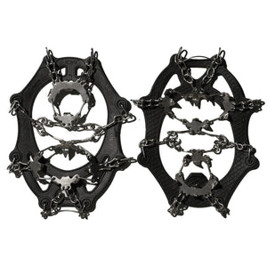 Black ice cleats by Action Traction, with silver metal chains and diverse spike designs.