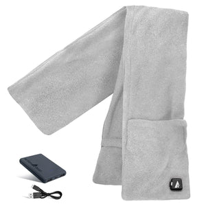 Gray fleece heated scarf with pockets by ActionHeat, accompanied by a power bank and USB cable.